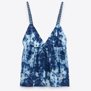 Zara Tie dye printed Blue & White Crop Top Back Tie Cotton Braided Tank Size XS